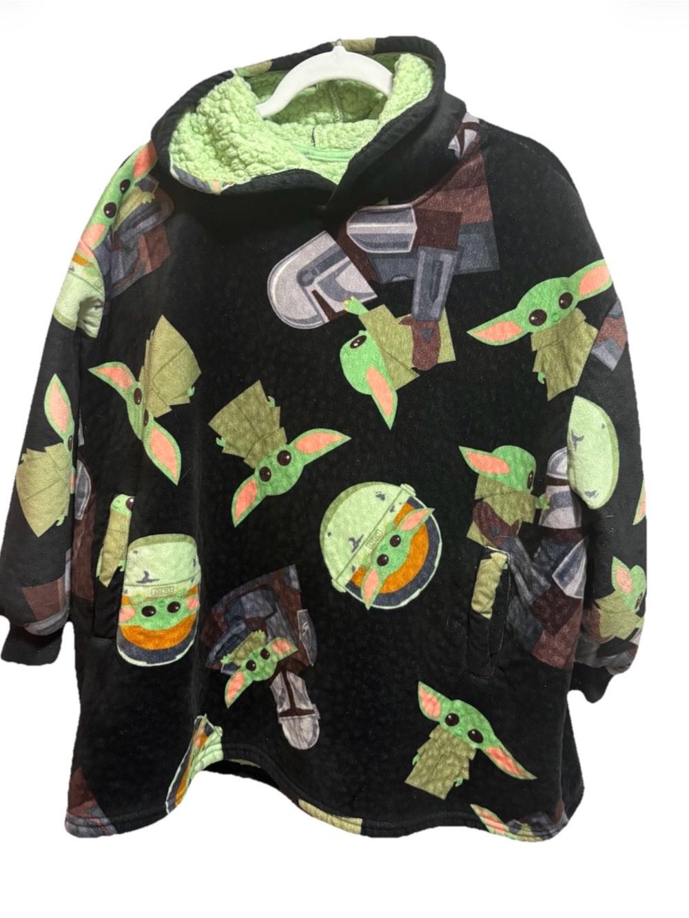 Star Wars Grogu Black Pullover Hoodie with Light Green Sherpa Lining